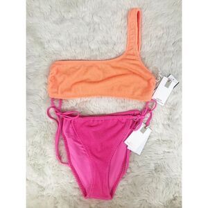 GOOD AMERICAN One Shoulder String Bikini Neon Orange Barbie Pink Large X-Large‎